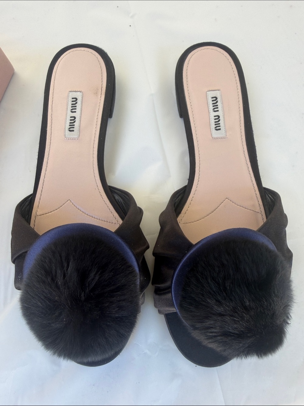 Miu Miu Black blue Satin Slide Mules with Pom-Pom Detail size 39 gently used